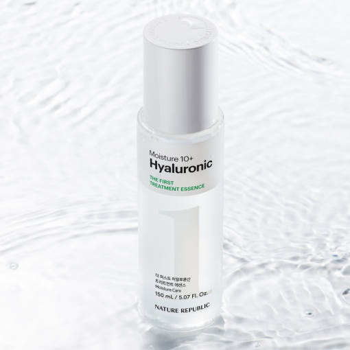 ProtoClinical k-beauty [NATURE REPUBLIC] The First Hyaluronic Treatment Essence 150ml upright essence bottle silhouette in soft gray on a light background with pale blue side shading