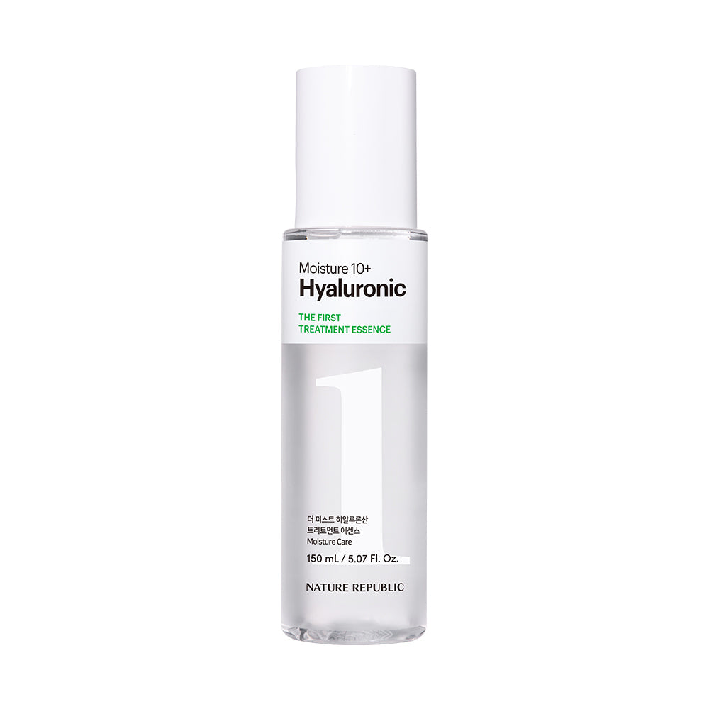 ProtoClinical k-beauty [NATURE REPUBLIC] The First Hyaluronic Treatment Essence 150ml upright essence bottle silhouette in muted mauve on a light background with faint pink side accents