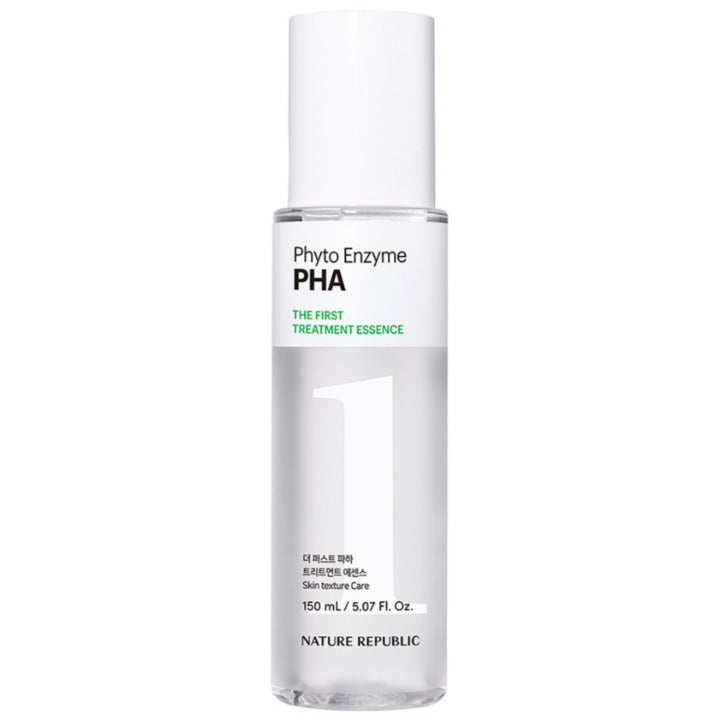 ProtoClinical k-beauty [NATURE REPUBLIC] The First PHA Treatment Essence 150ml upright essence bottle silhouette in pale lavender on a light background with soft cream side shading