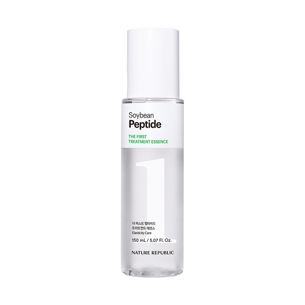 ProtoClinical k-beauty [NATURE REPUBLIC] The First Peptide Treatment Essence 150ml shown as a single upright pale mauve bottle silhouette centered on a light background with faint pink side accents