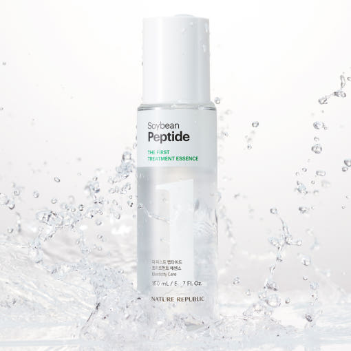 ProtoClinical k-beauty [NATURE REPUBLIC] The First Peptide Treatment Essence 150ml shown as a single centered gray bottle silhouette on a light mauve background with soft pink side accents