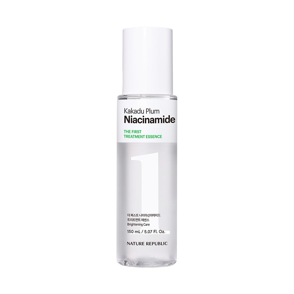 ProtoClinical k-beauty [NATURE REPUBLIC] The First Niacinamide Treatment Essence 150ml shown as a single upright pale mauve bottle silhouette centered on a light background with faint pink side accents