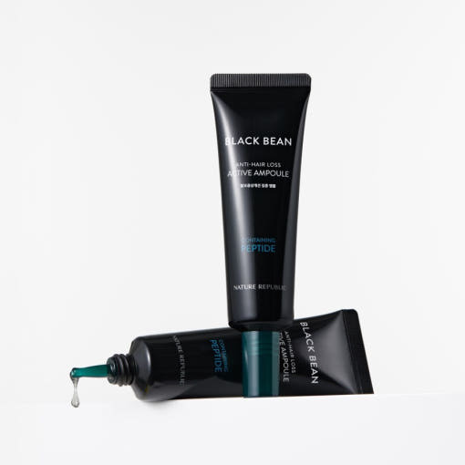 ProtoClinical k-beauty [NATURE REPUBLIC] Black Bean Anti Hair Loss Ampoule 50ml in a centered dark bottle silhouette with pale blue side panels and a deep charcoal base on a light background
