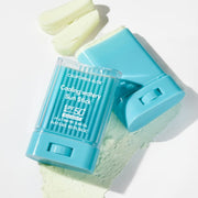 ProtoClinical k-beauty turquoise beauty product detail with pale blue sides on a peach-toned background.