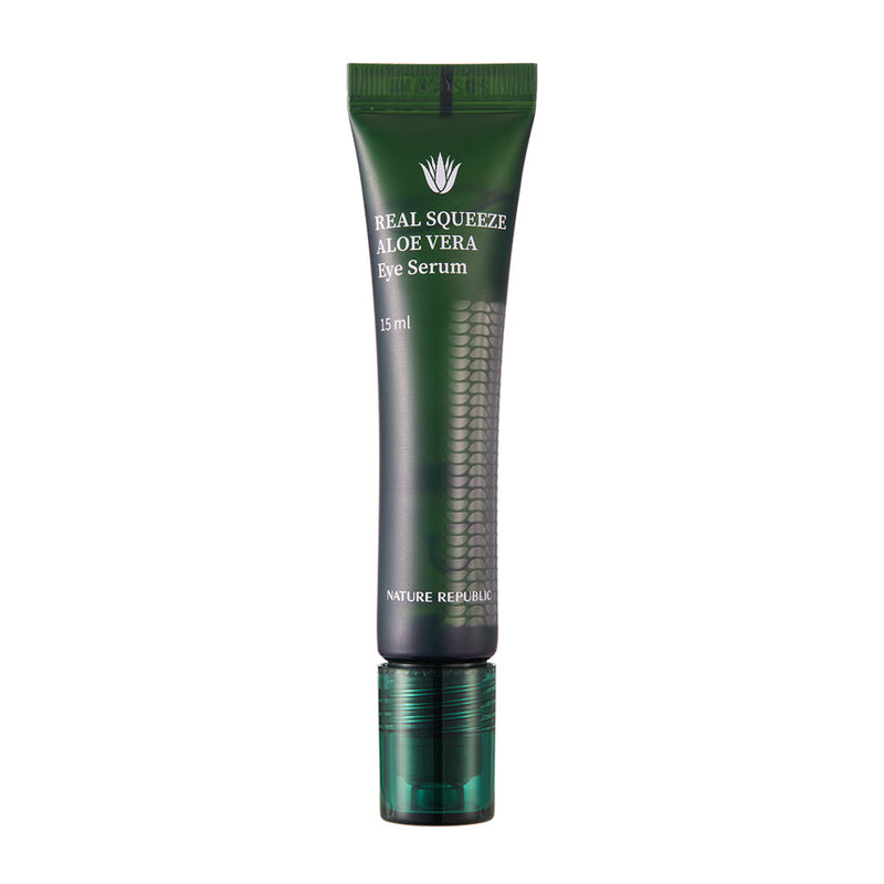 ProtoClinical k-beauty [NATURE REPUBLIC] Real Squeeze Aloe Vera Eye Serum 15ml shown as a dark charcoal silhouette with pale green side accents on a light background.