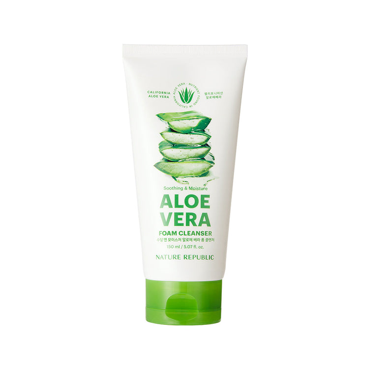 ProtoClinical k-beauty [NATURE REPUBLIC] Soothing & Moisture Aloe Vera Foam Cleanser 150m single upright green cleanser tube on a light background.