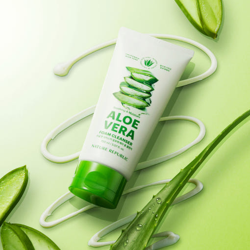 ProtoClinical k-beauty [NATURE REPUBLIC] Soothing & Moisture Aloe Vera Foam Cleanser 150m single upright green cleanser tube in a square crop on a light background