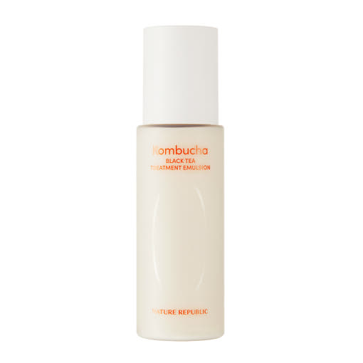 ProtoClinical k-beauty [NATURE REPUBLIC] Kombucha Black Tea Treatment Emulsion 130ml slim pale ivory bottle silhouette centered on a light background with soft pink side shading