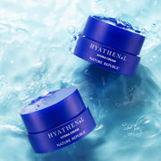 ProtoClinical k-beauty [NATURE REPUBLIC] Hyathenol Hydra Cream 50ml deep blue vertical bottle silhouette centered on a light background with pale aqua corner accents
