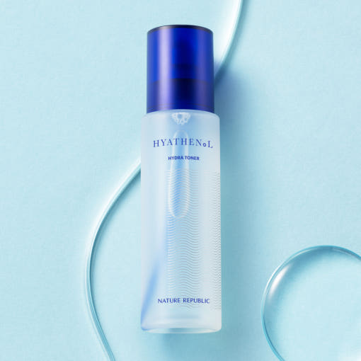 ProtoClinical k-beauty [NATURE REPUBLIC] Hyathenol Hydra Toner 150ml deep blue bottle silhouette on a light background with pale aqua accents