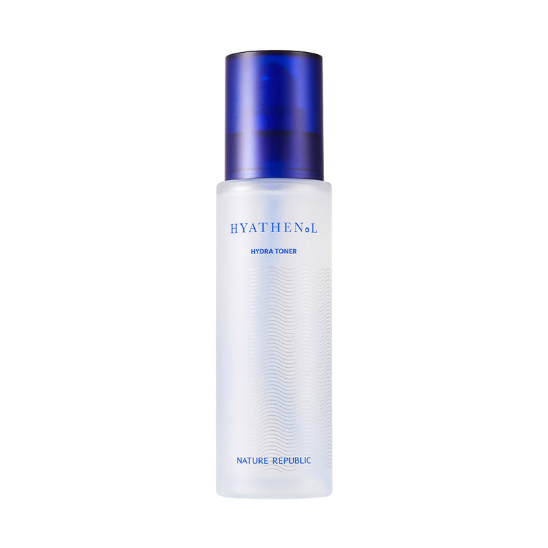 ProtoClinical k-beauty [NATURE REPUBLIC] Hyathenol Hydra Toner 150ml pale blue vertical bottle silhouette centered on a light background with faint aqua side shading