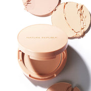 ProtoClinical k-beauty [NATURE REPUBLIC] Provence Fixer Pact 12g (2colors) single square pact compact with a peach lid and dark brown base centered on a pale blue and white background
