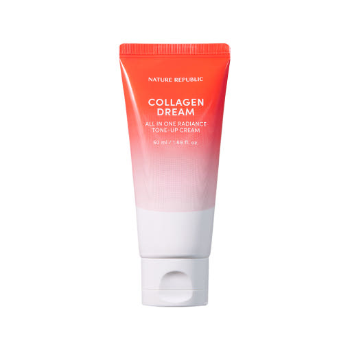 ProtoClinical k-beauty [NATURE REPUBLIC] Collagen Dream All In One Radiance Tone-Up Cream 50ml tall blush beauty bottle silhouette centered on a light background with pale aqua corners.