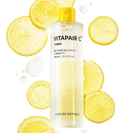 ProtoClinical k-beauty [NATURE REPUBLIC] Vitapair C Toner 300ml single upright beige toner bottle on a light yellow background.