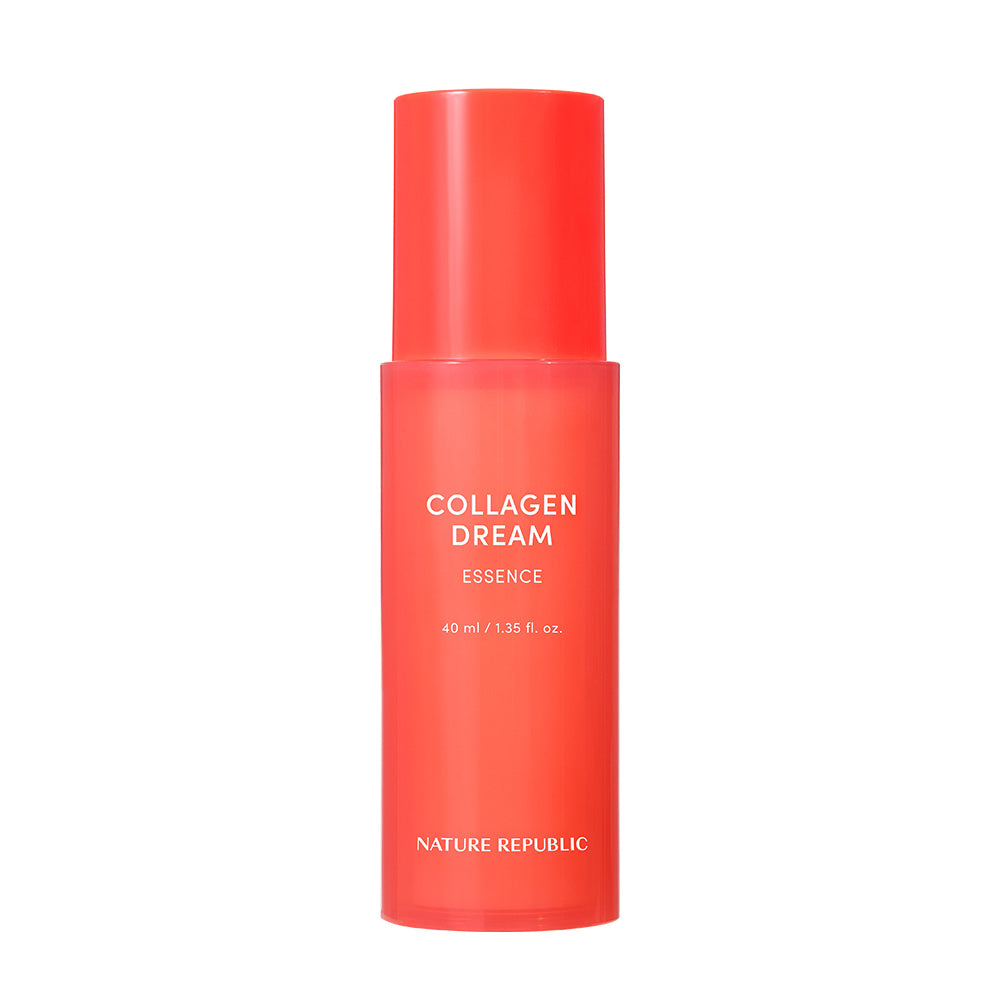 ProtoClinical k-beauty [NATURE REPUBLIC] Collagen Dream Essence 40ml tall coral silhouette centered on a light background with pale aqua side panels.