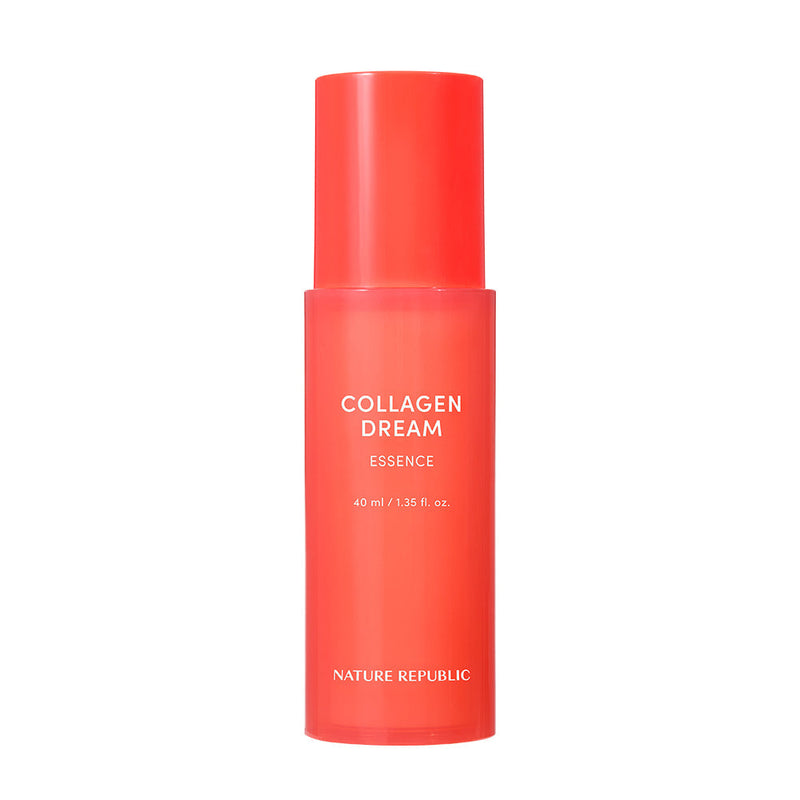 ProtoClinical k-beauty [NATURE REPUBLIC] Collagen Dream Essence 40ml tall coral silhouette centered on a light background with pale aqua side panels.