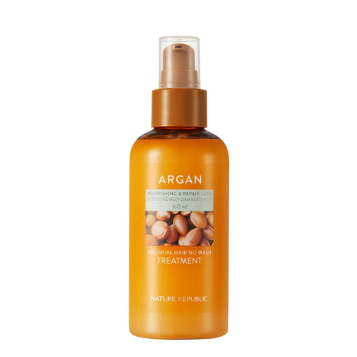 ProtoClinical k-beauty [NATURE REPUBLIC] Argan Essential Hair No Wash Treatment 160ml tall warm beige bottle silhouette with a soft brown center on a light background with pale blue side panels.