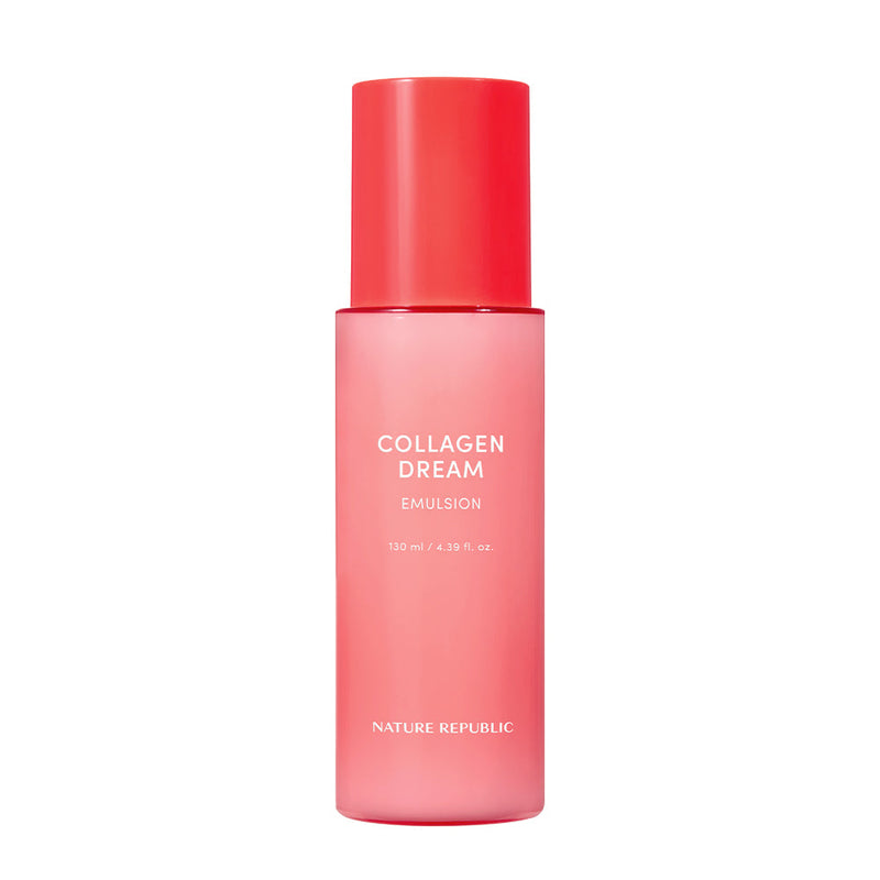 ProtoClinical k-beauty [NATURE REPUBLIC] Collagen Dream Emulsion 130ml peach bottle silhouette with a rounded top centered on a light background with pale blue corners.