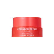 ProtoClinical k-beauty [NATURE REPUBLIC] Collagen Dream Cream 50ml paired coral rounded silhouettes side by side on a light background with pale aqua side panels.