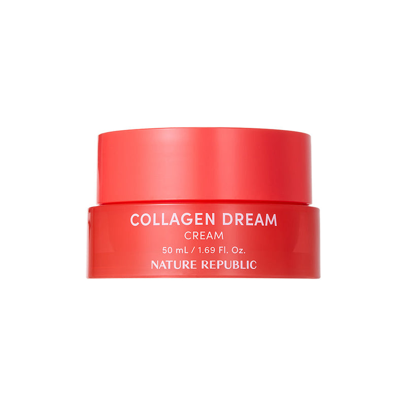 ProtoClinical k-beauty [NATURE REPUBLIC] Collagen Dream Cream 50ml paired coral rounded silhouettes side by side on a light background with pale aqua side panels.