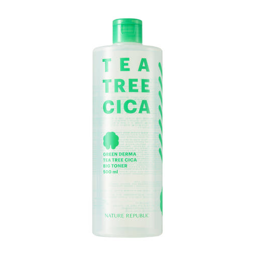 ProtoClinical k-beauty [NATURE REPUBLIC] Green Derma Tea Tree Cica Big Toner 500ml shown as a tall mint green bottle silhouette centered on a light background with soft pink corner accents