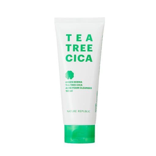 ProtoClinical k-beauty [NATURE REPUBLIC] Green Derma Tea Tree Cica Acne Foam Cleanser 150ml single upright teal cleanser tube on a white background with pale pink side panels.