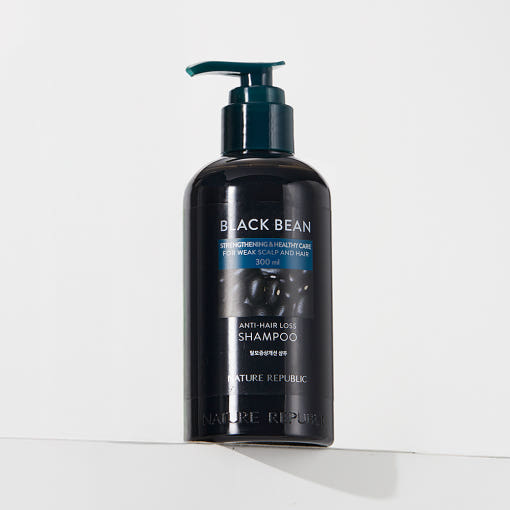 ProtoClinical k-beauty [NATURE REPUBLIC] Black Bean Anti-Hair Loss Shampoo 300ml single upright dark shampoo bottle on a pale blue and white background.