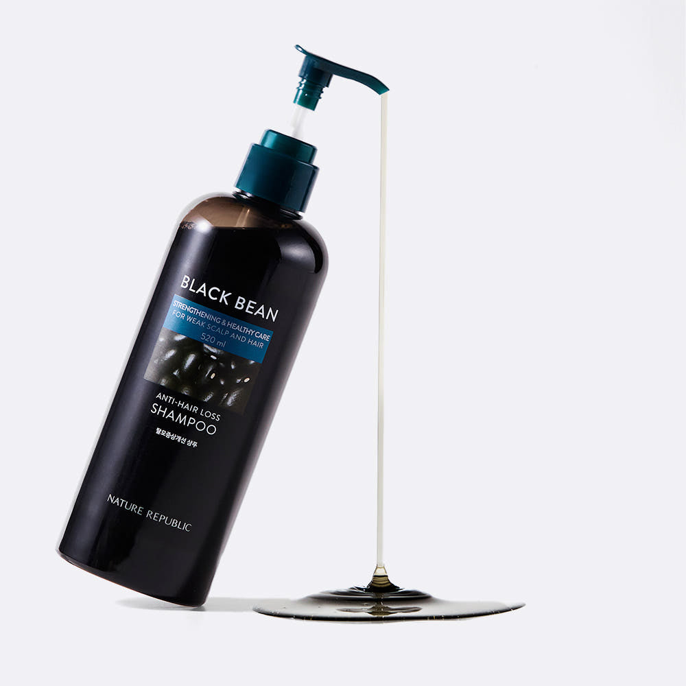 ProtoClinical k-beauty [NATURE REPUBLIC] Black Bean Anti-Hair Loss Shampoo 300ml single upright dark shampoo bottle on a pale pink and white background.