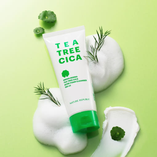 ProtoClinical k-beauty [NATURE REPUBLIC] Green Derma Tea Tree Cica Acne Foam Cleanser 150ml single upright teal cleanser tube on a light green background.