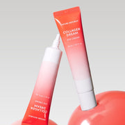 ProtoClinical k-beauty abstract beauty graphic with a pale aqua left band, muted taupe center, and coral lower panel on a light background.