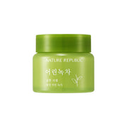 ProtoClinical k-beauty [NATURE REPUBLIC] Mild Green Tea Cream 55ml olive green silhouette with pale blue side accents on a light background.
