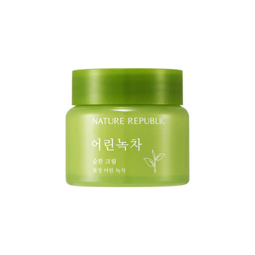 ProtoClinical k-beauty [NATURE REPUBLIC] Mild Green Tea Cream 55ml olive green silhouette with pale blue side accents on a light background.