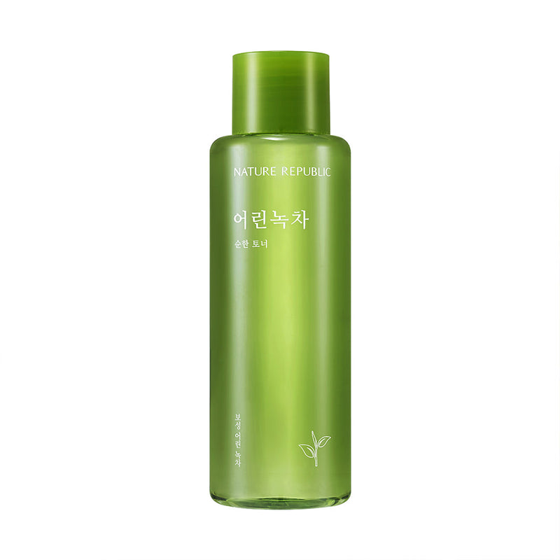 ProtoClinical k-beauty [NATURE REPUBLIC] Mild Green Tea Toner 155ml olive bottle silhouette with pale lilac side accents on a light background.