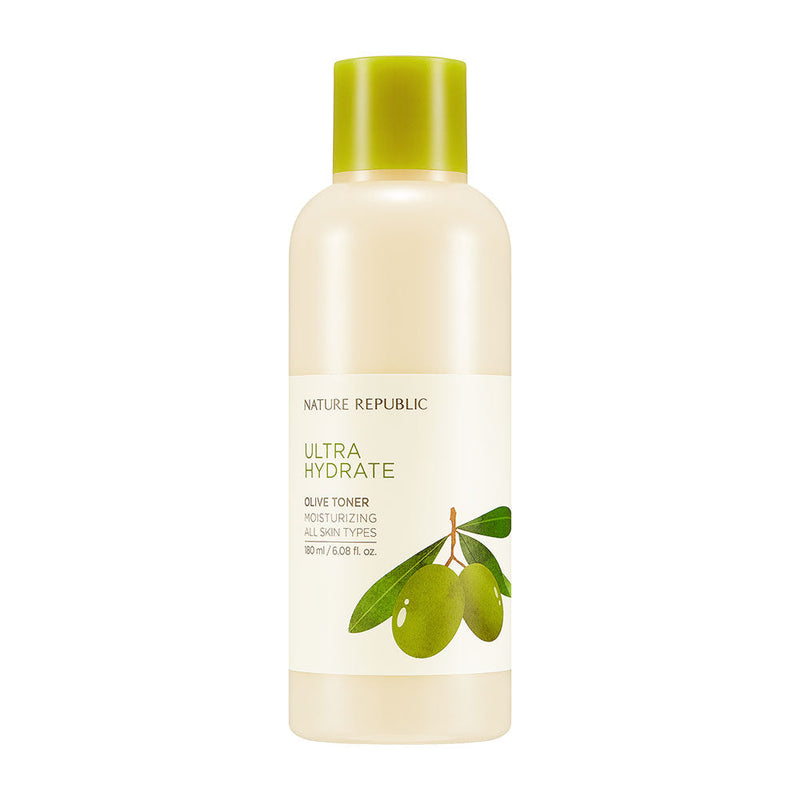 ProtoClinical k-beauty [NATURE REPUBLIC] Ultra Hydrate Olive Toner 180ml pale cream bottle silhouette with a soft gold center on a light background.