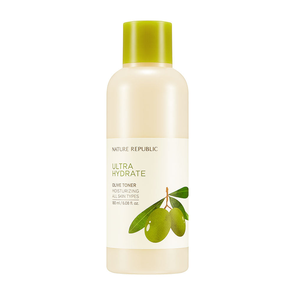 ProtoClinical k-beauty [NATURE REPUBLIC] Ultra Hydrate Olive Toner 180ml pale cream bottle silhouette with a soft gold center on a light background.