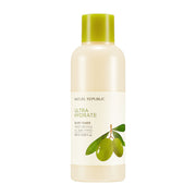 ProtoClinical k-beauty [NATURE REPUBLIC] Ultra Hydrate Olive Toner 180ml pale cream bottle silhouette with a soft gold center on a light background.