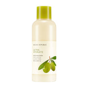 ProtoClinical k-beauty [NATURE REPUBLIC] Ultra Hydrate Olive Emulsion 180ml pale cream bottle silhouette with a soft gold center on a light background.