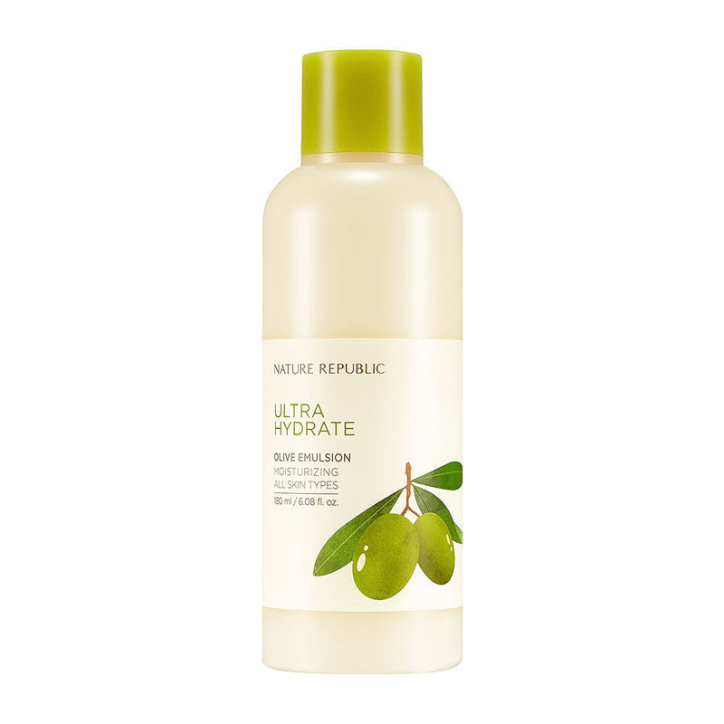 ProtoClinical k-beauty [NATURE REPUBLIC] Ultra Hydrate Olive Emulsion 180ml pale cream bottle silhouette with a soft gold center on a light background.