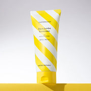 ProtoClinical k-beauty pale yellow beauty product silhouette with soft blue side accents on a light background.