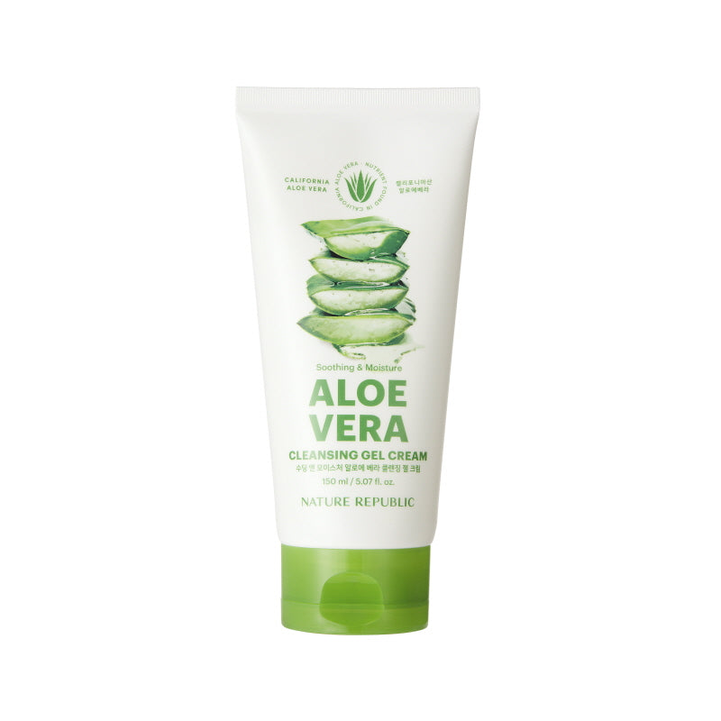 ProtoClinical k-beauty [NATURE REPUBLIC] Soothing & Moisture Aloe Vera Cleansing Gel Cream 150ml single upright pale green cleanser tube on a white background with pale blue side panels.