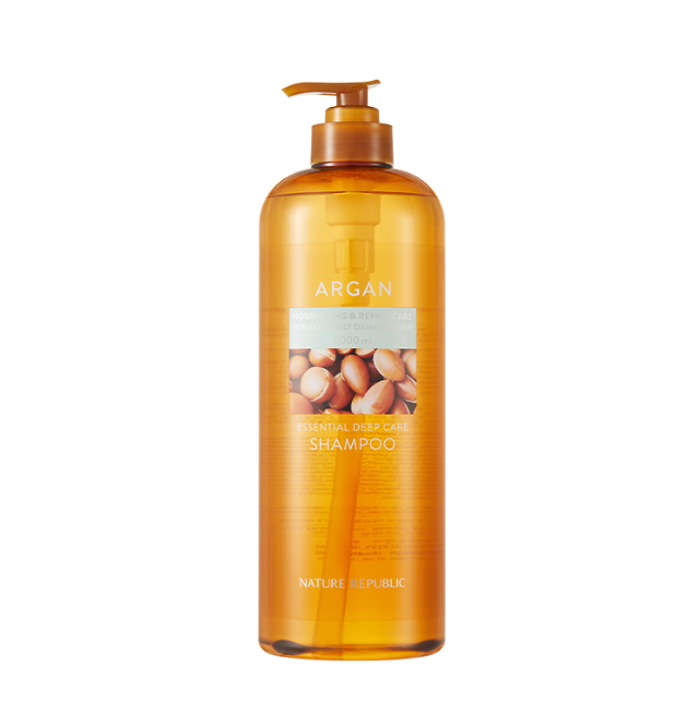 ProtoClinical k-beauty [NATURE REPUBLIC] Argan Essential Deep Care Shampoo 1000ml tall peach shampoo bottle silhouette in a slim vertical shape on a soft white background