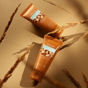 ProtoClinical k-beauty warm brown vertical beauty silhouette centered on a tan background with soft olive side shading.