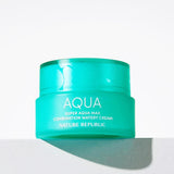 ProtoClinical k-beauty [NATURE REPUBLIC] Super Aqua Max Watery Cream 80ml (3type) graphic with turquoise and pink shapes in a vertical layout on a light background