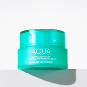 ProtoClinical k-beauty [NATURE REPUBLIC] Super Aqua Max Watery Cream 80ml (3type) graphic with turquoise and pink shapes in a vertical layout on a light background