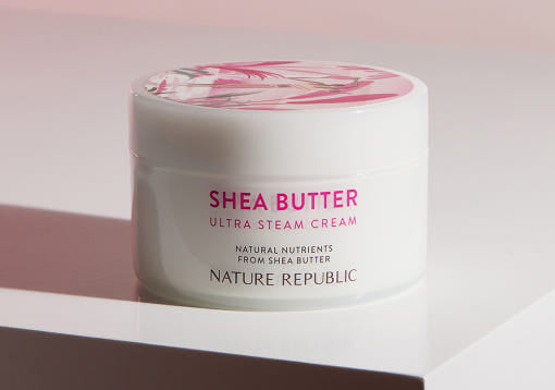 ProtoClinical k-beauty [NATURE REPUBLIC] Shea Butter Steam Cream 100ml (3type) taupe bottle silhouette with a pale blue highlight on a light background
