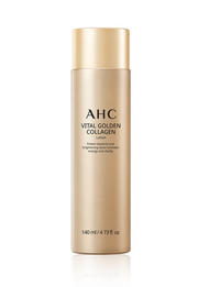ProtoClinical k-beauty AHC Vital Golden Collagen Lotion 140ml single upright golden lotion bottle centered on a white background