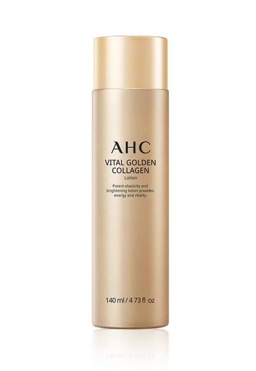 ProtoClinical k-beauty AHC Vital Golden Collagen Lotion 140ml single upright golden lotion bottle centered on a white background