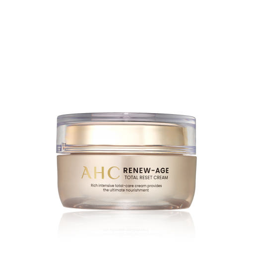ProtoClinical k-beauty AHC Renew-Age Total Reset Cream 50ml with two gold-beige cream package views side by side on a white background.