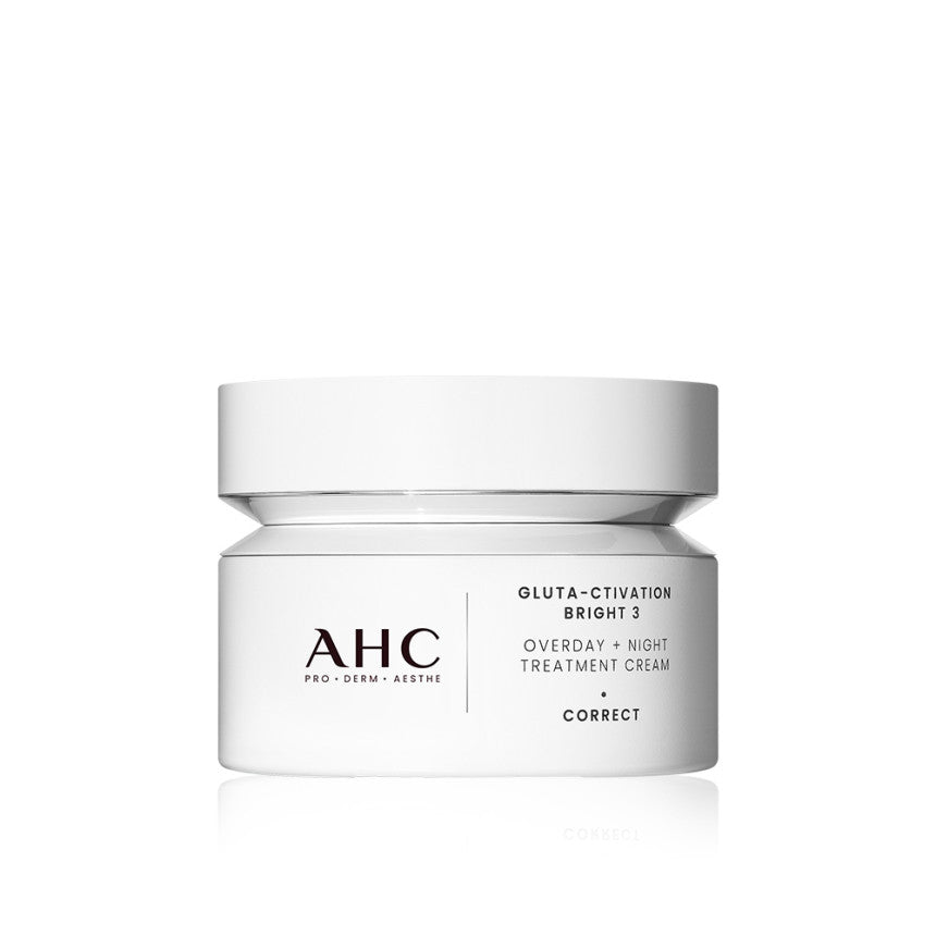 ProtoClinical k-beauty AHC GLUTA-CTIVATION BRIGHT 3 OVERDAY+NIGHT TREATMENT CREAM 50ml two cream containers side by side in light beige and dark taupe packaging on a white background
