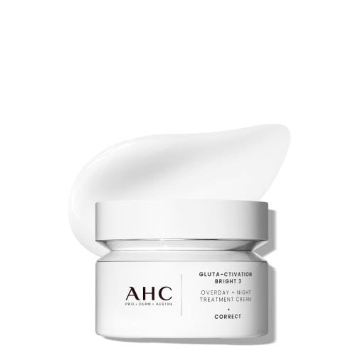 ProtoClinical k-beauty AHC GLUTA-CTIVATION BRIGHT 3 OVERDAY+NIGHT TREATMENT CREAM 50ml two cream containers side by side in light beige and dark taupe packaging on a white background